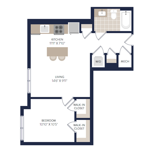 Floor plan for 1 bed, 1 bath, 563 sqft
